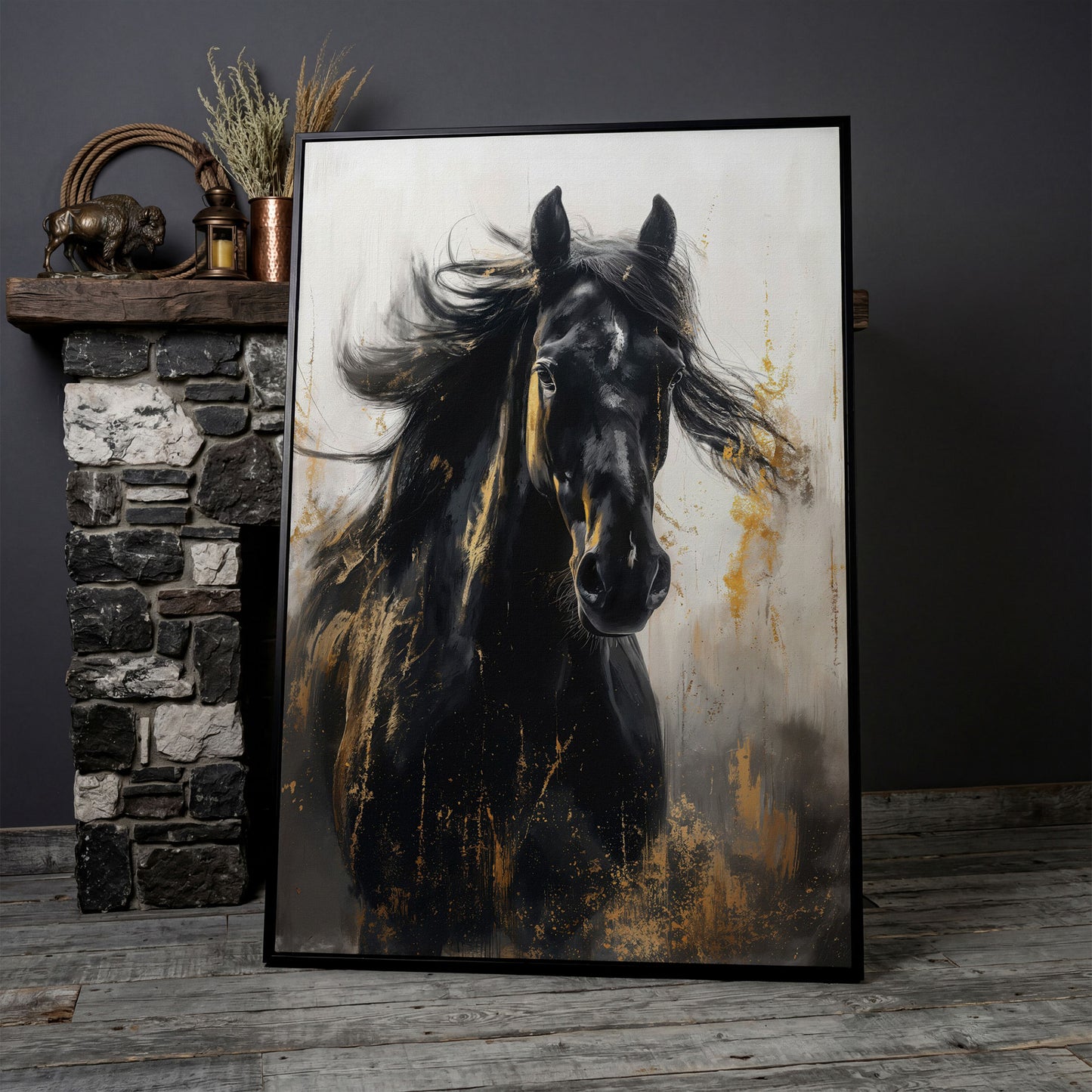 Noble Stallion Abstract Canvas Print for Farmhouse Decor in black floating frame