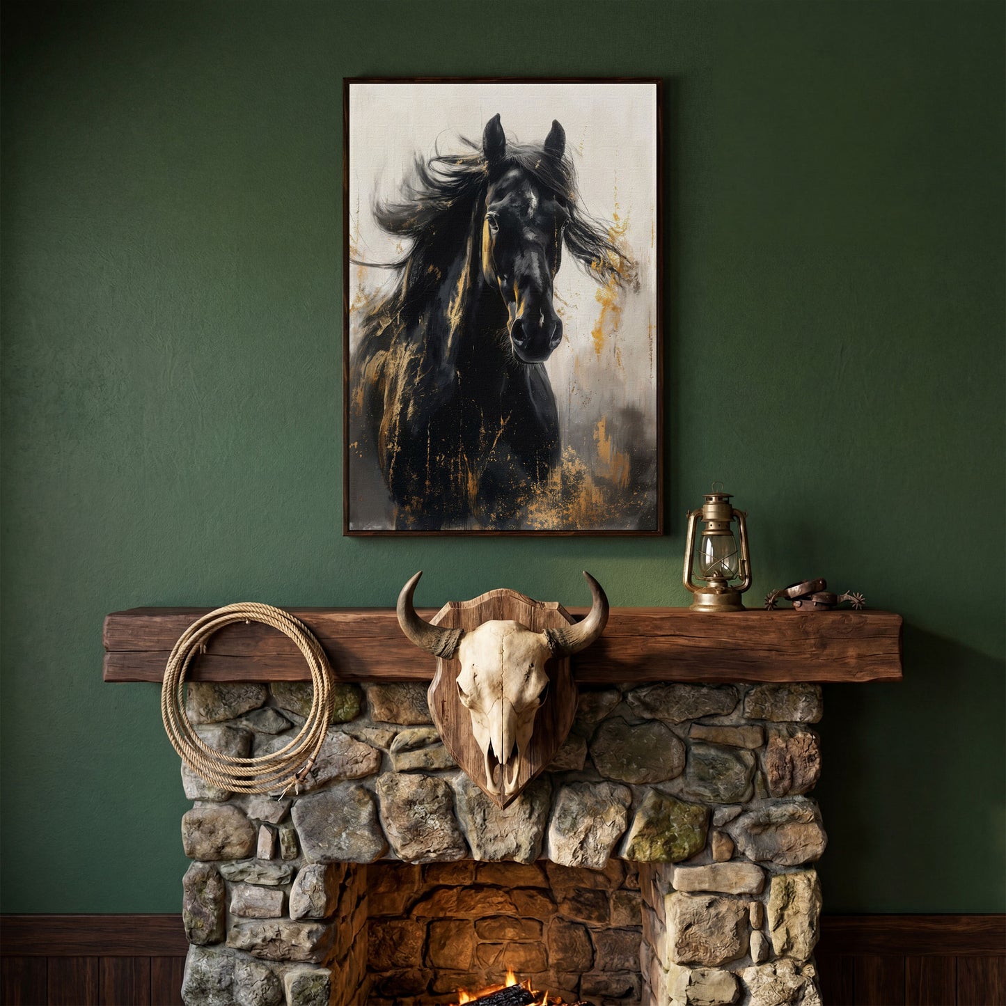 Noble Stallion Abstract Canvas Print for Farmhouse Decor in dark walnut floating frame