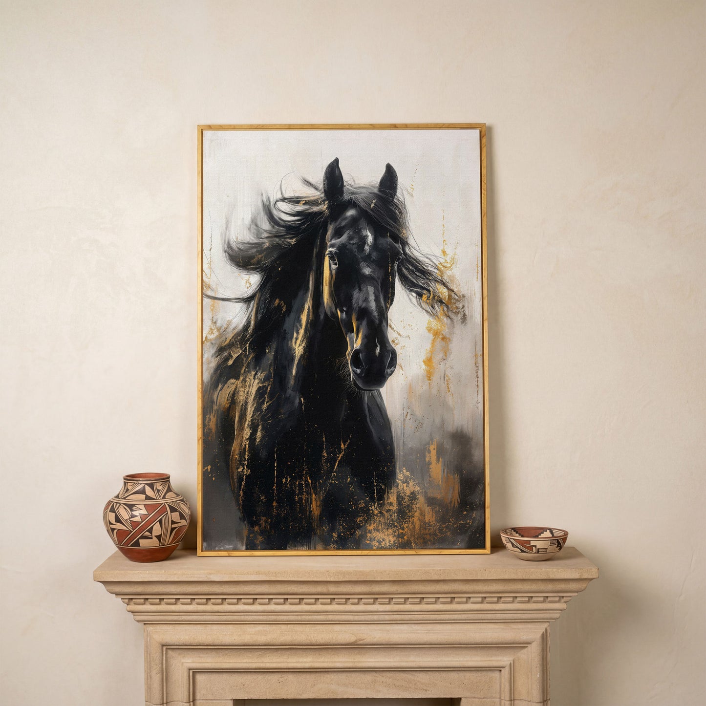 Noble Stallion Abstract Canvas Print for Farmhouse Decor in white oak floating frame