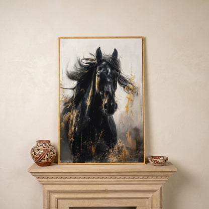 Noble Stallion Abstract Canvas Print for Farmhouse Decor in white oak floating frame