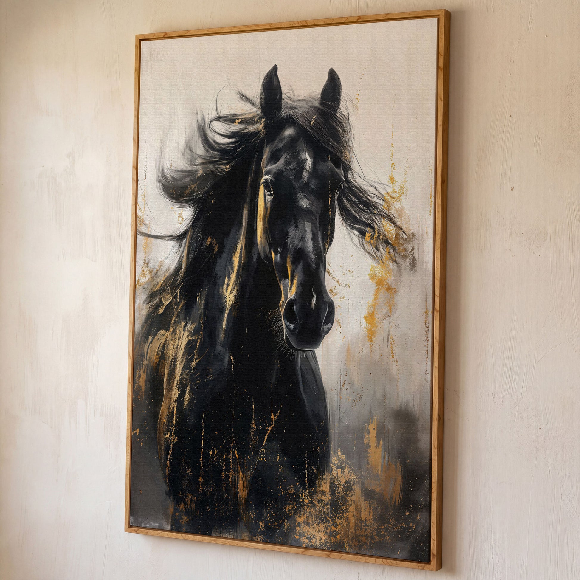 Noble Stallion Abstract Canvas Print for Farmhouse Decor shown in white oak floating frame