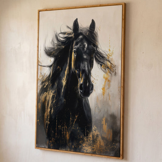 Noble Stallion Abstract Canvas Print for Farmhouse Decor shown in white oak floating frame