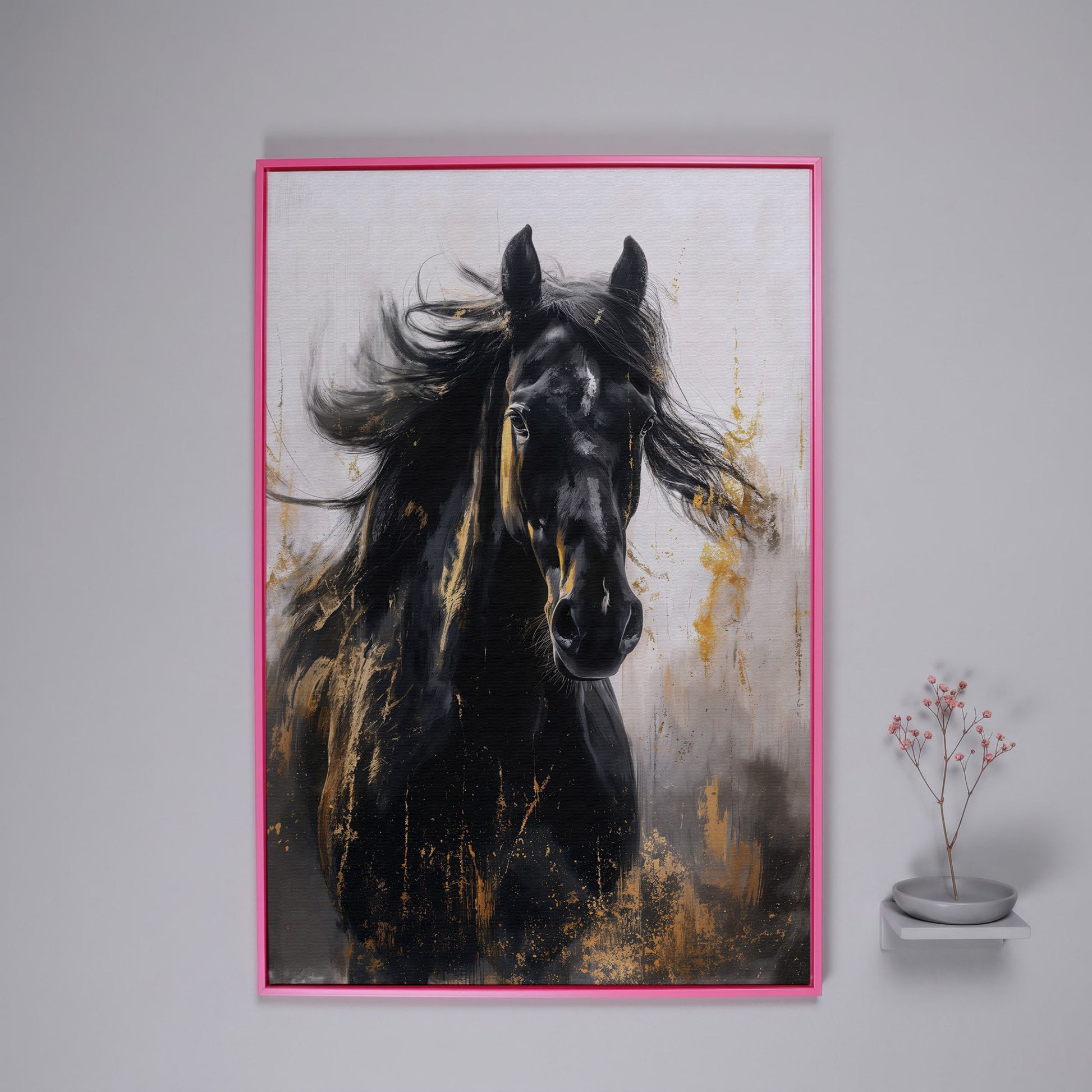 Noble Stallion Abstract Canvas Print for Farmhouse Decor in pink floating frame
