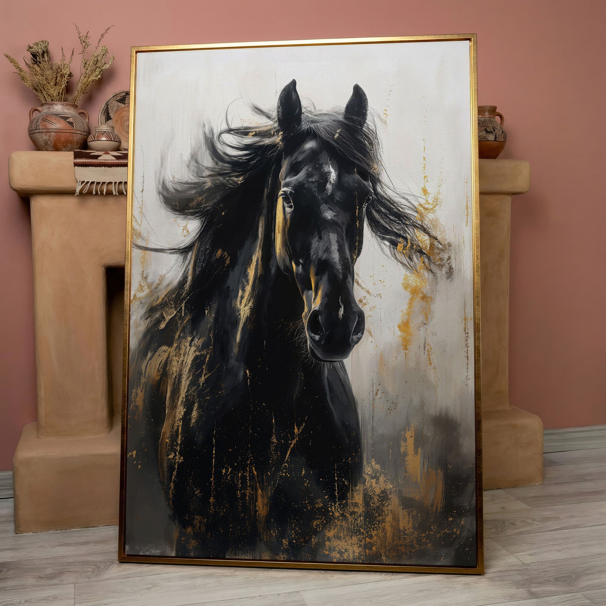 Noble Stallion Abstract Canvas Print for Farmhouse Decor in rose gold floating frame