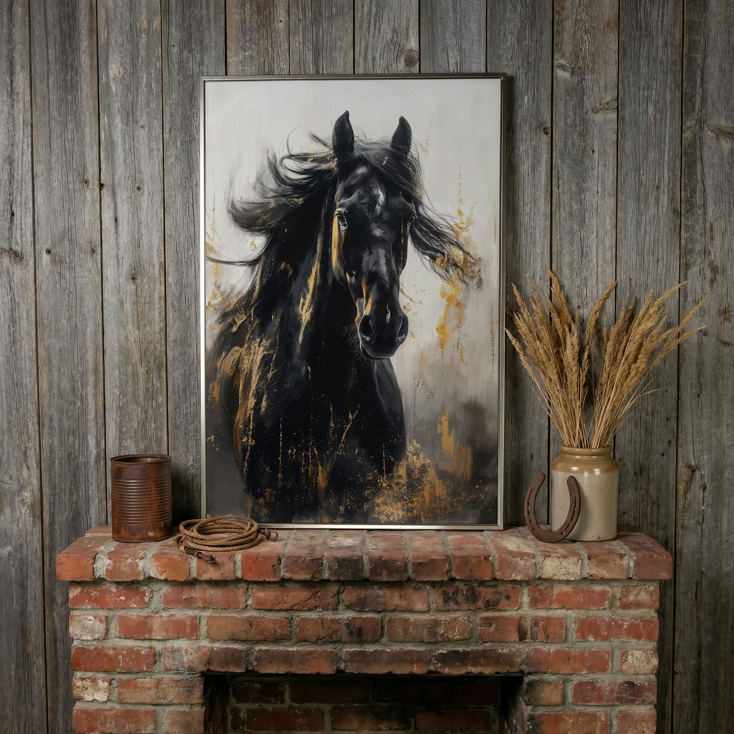 Noble Stallion Abstract Canvas Print for Farmhouse Decor in silver floating frame