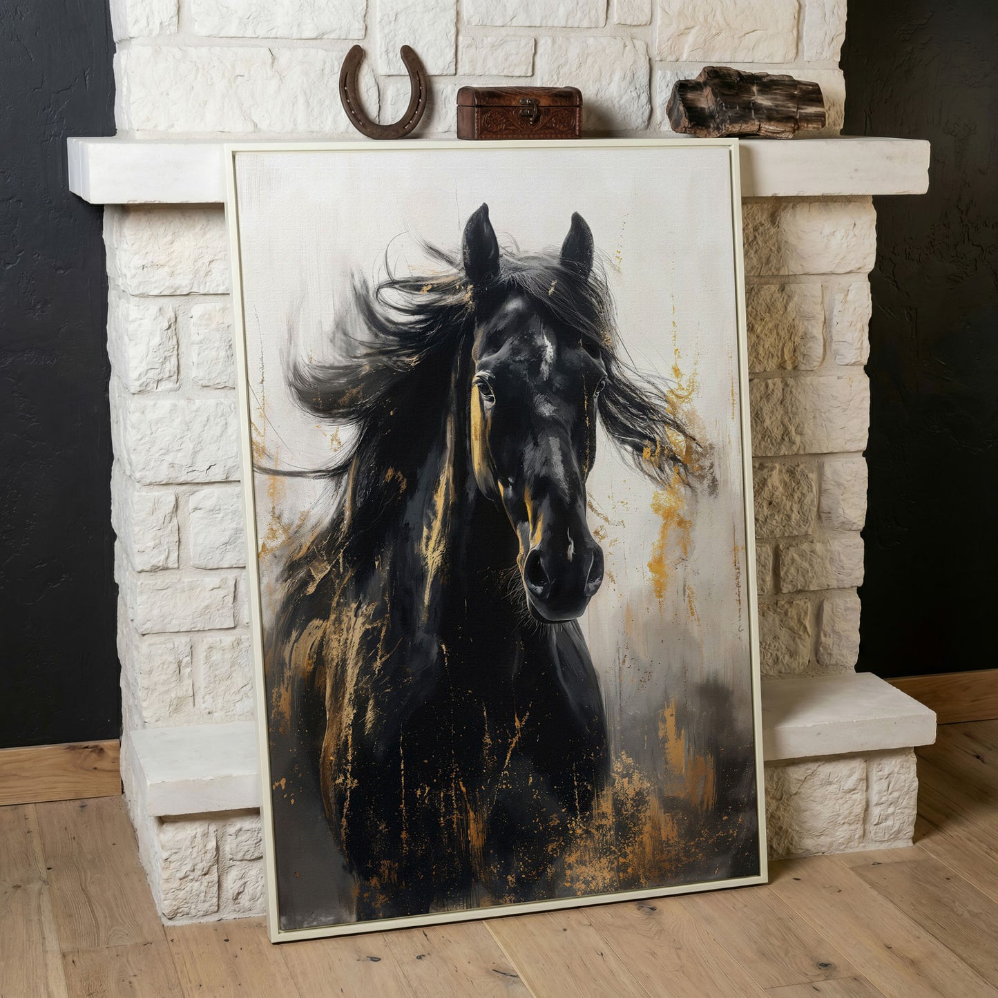 Noble Stallion Abstract Canvas Print for Farmhouse Decor in white floating frame