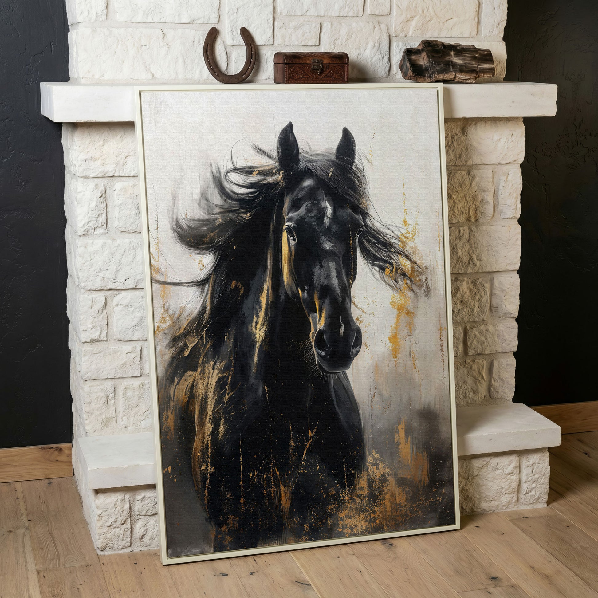 Noble Stallion Abstract Canvas Print for Farmhouse Decor in white floating frame