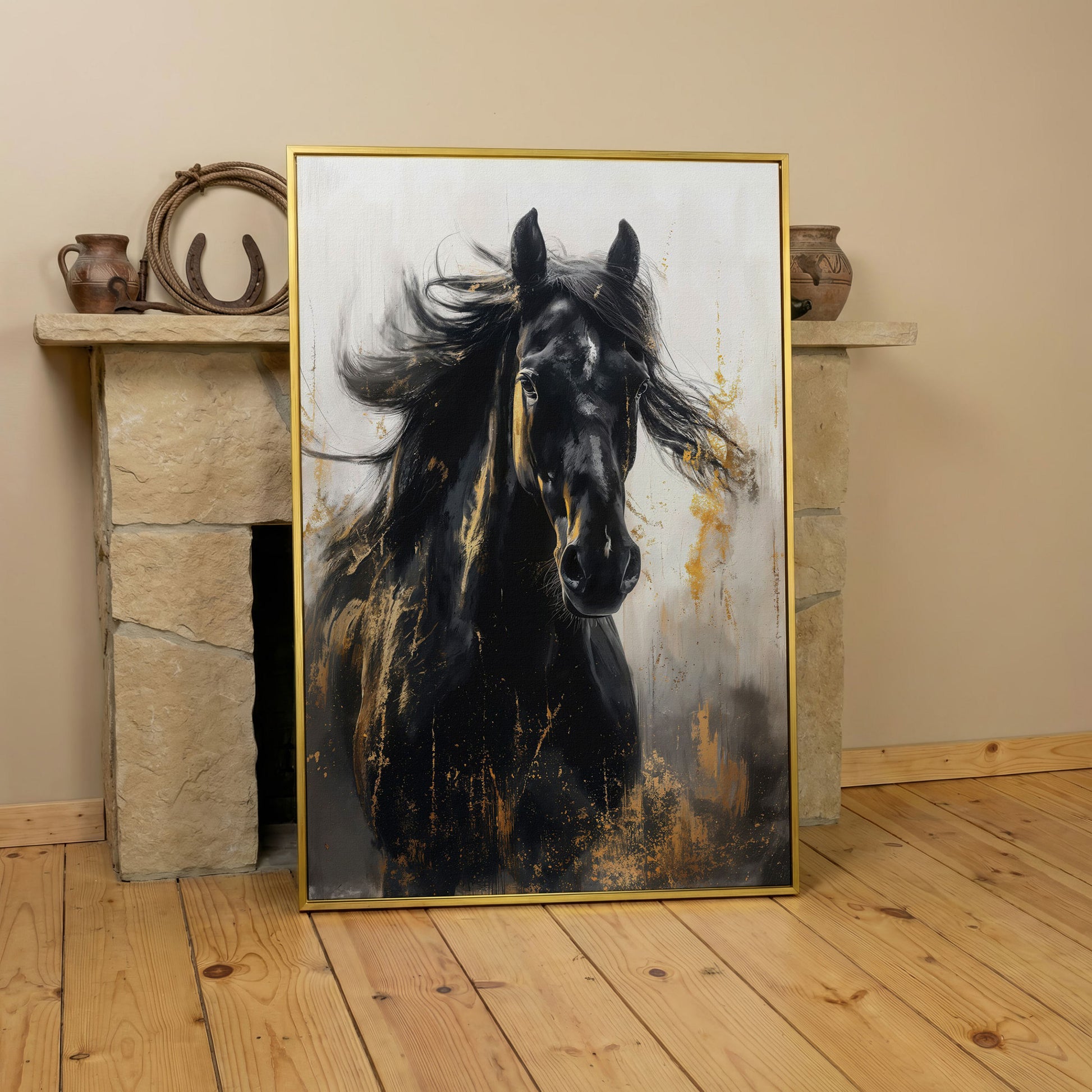 Noble Stallion Abstract Canvas Print for Farmhouse Decor in yellow gold floating frame
