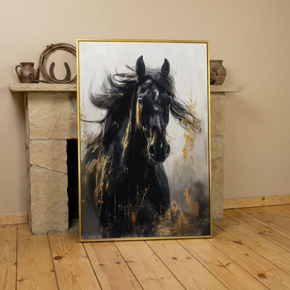 Noble Stallion Abstract Canvas Print for Farmhouse Decor in yellow gold floating frame