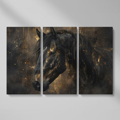 Black Horse Profile Canvas. Noble Gaze in Gold as 3-panel split version