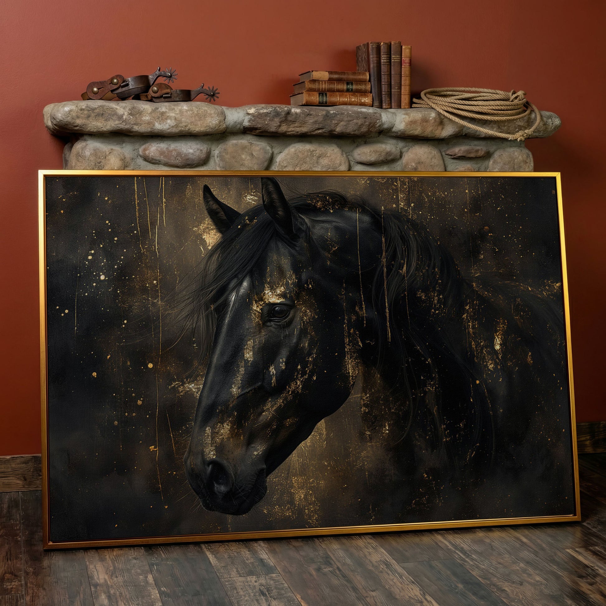 Black Horse Profile Canvas. Noble Gaze in Gold in antique gold floating frame