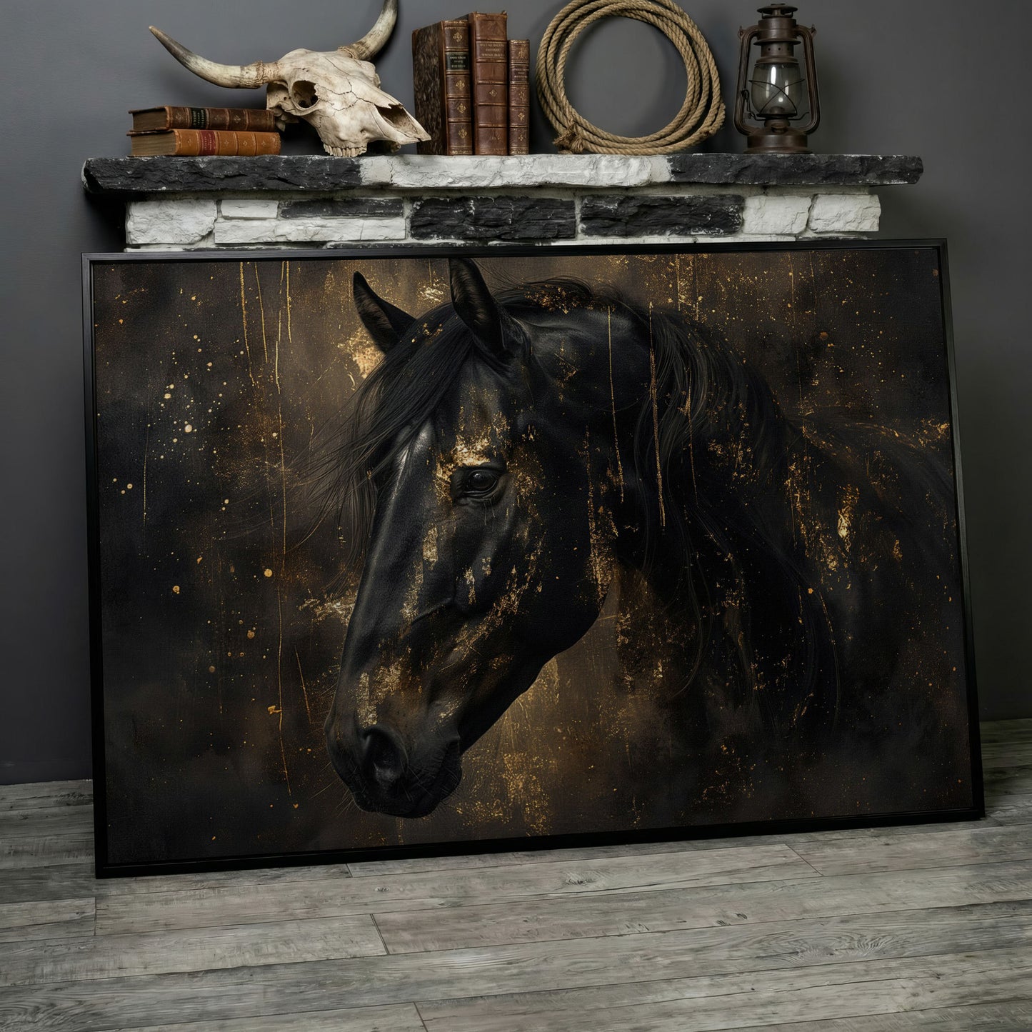 Black Horse Profile Canvas. Noble Gaze in Gold in black floating frame