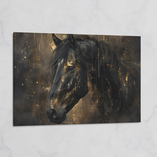 Black Horse Profile Canvas. Noble Gaze in Gold on gallery wrap
