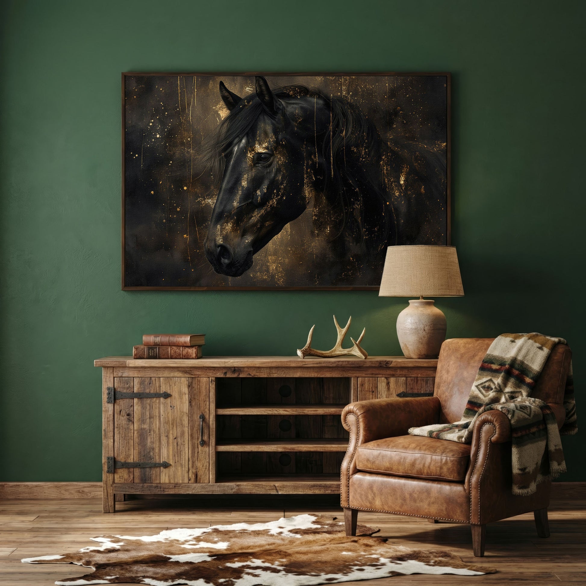 Black Horse Profile Canvas. Noble Gaze in Gold in dark walnut floating frame