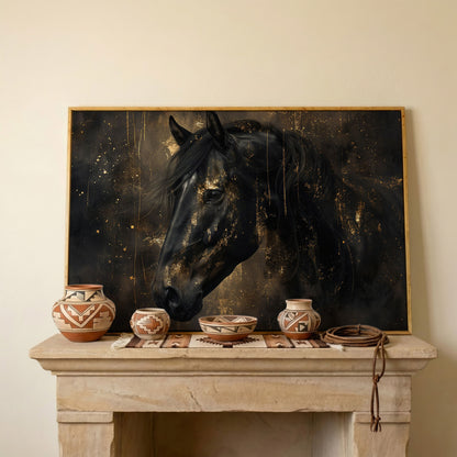 Black Horse Profile Canvas. Noble Gaze in Gold in white oak floating frame
