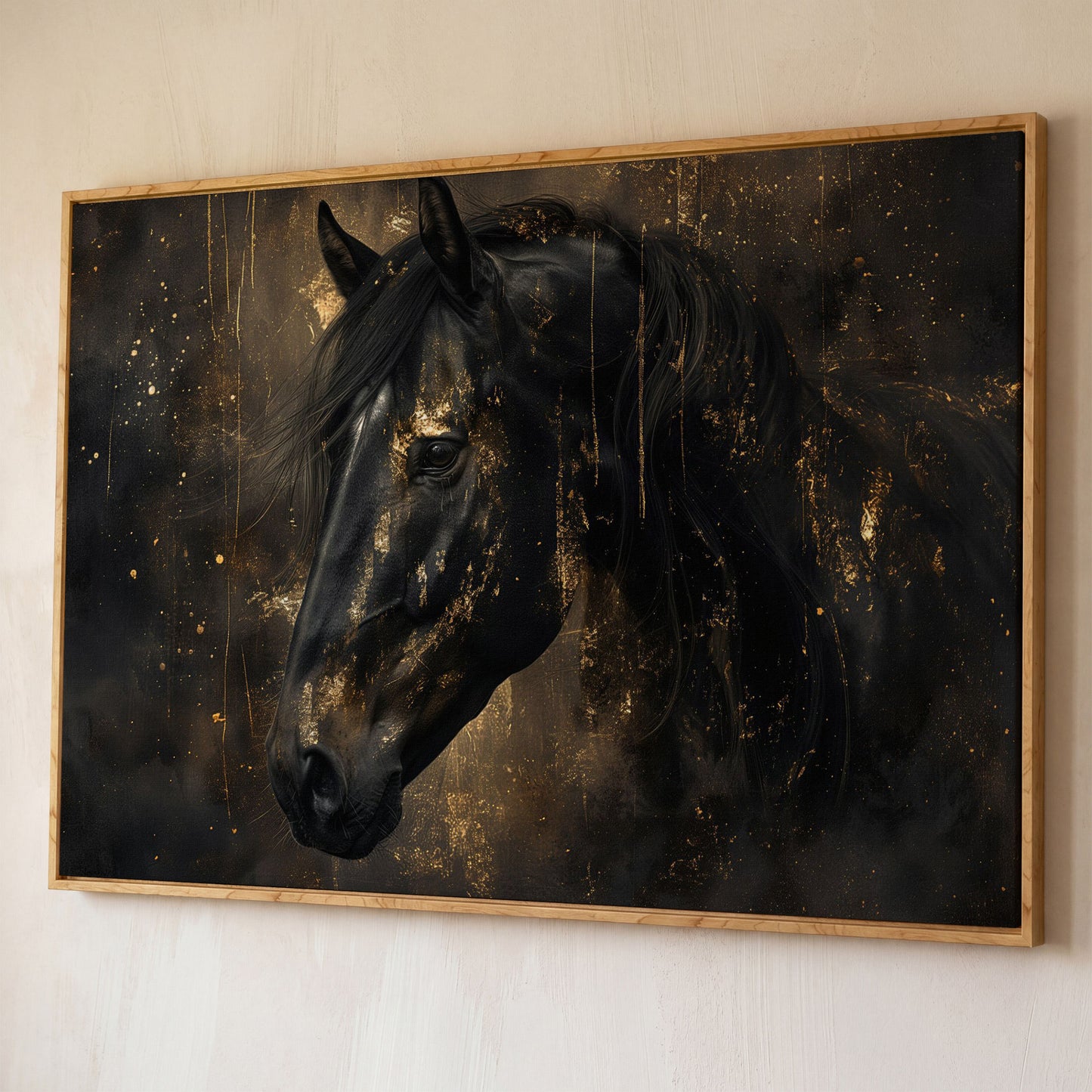 Black Horse Profile Canvas. Noble Gaze in Gold shown in white oak floating frame