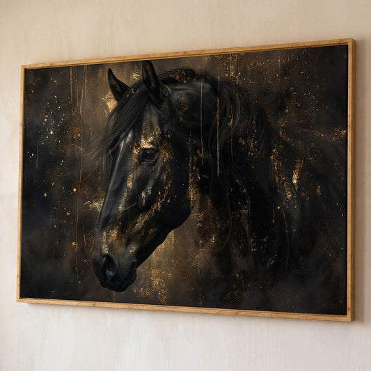 Black Horse Profile Canvas. Noble Gaze in Gold shown in white oak floating frame
