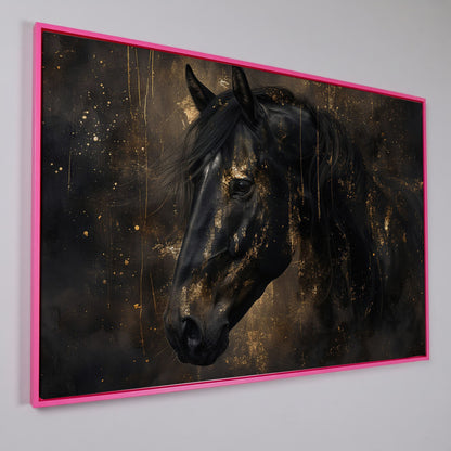 Black Horse Profile Canvas. Noble Gaze in Gold in pink floating frame