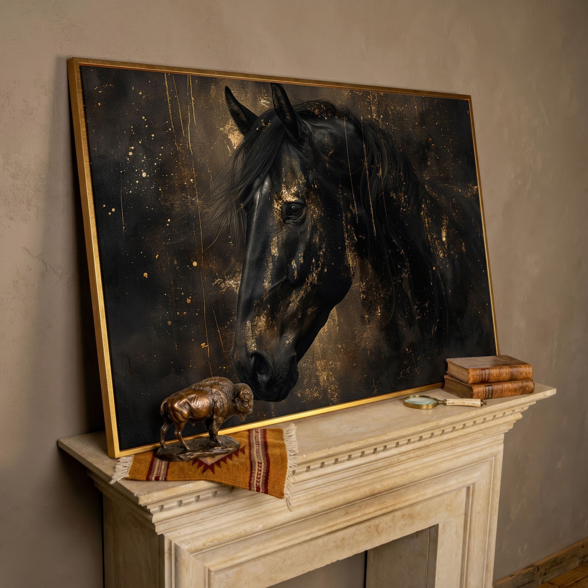Black Horse Profile Canvas. Noble Gaze in Gold in rose gold floating frame