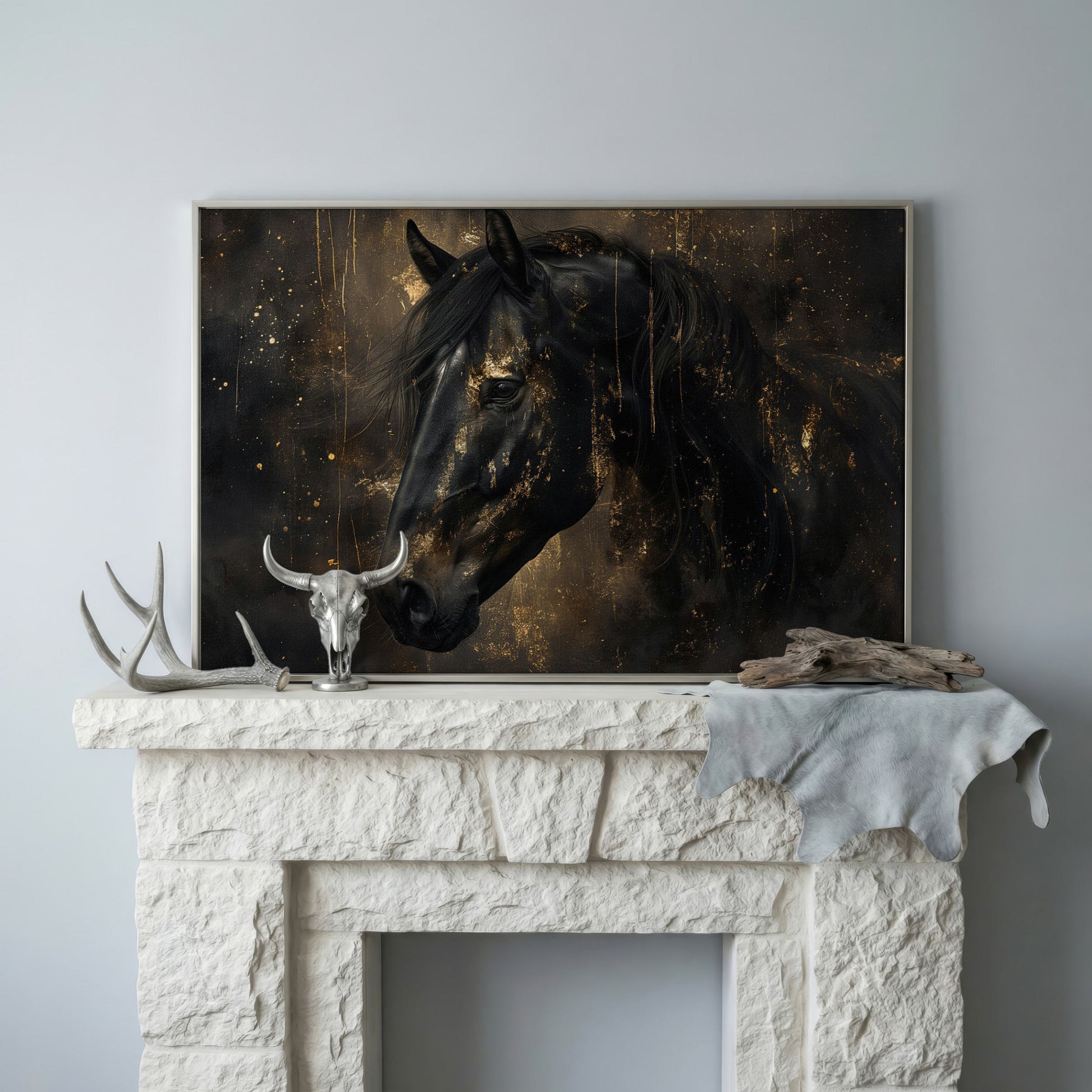 Black Horse Profile Canvas. Noble Gaze in Gold in silver floating frame