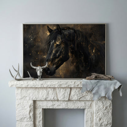 Black Horse Profile Canvas. Noble Gaze in Gold in silver floating frame