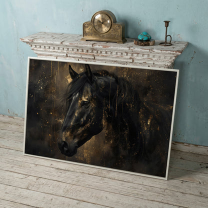 Black Horse Profile Canvas. Noble Gaze in Gold in white floating frame