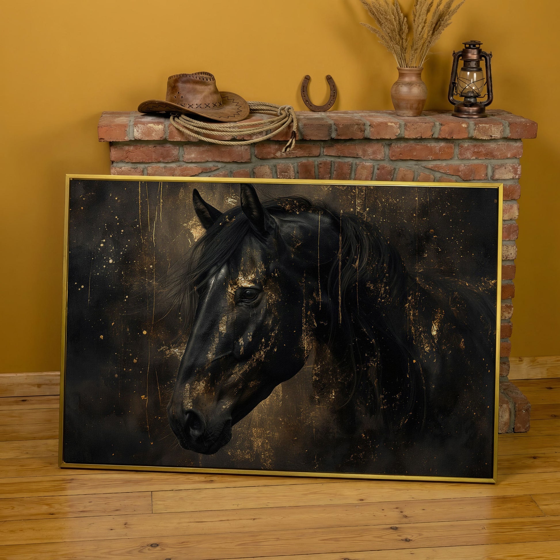 Black Horse Profile Canvas. Noble Gaze in Gold in yellow gold floating frame