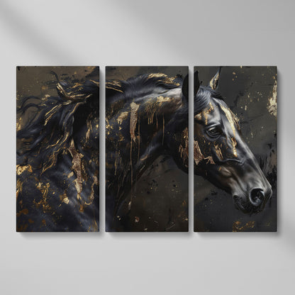 Black Horse Head Canvas with Gold Accents as 3-panel split version