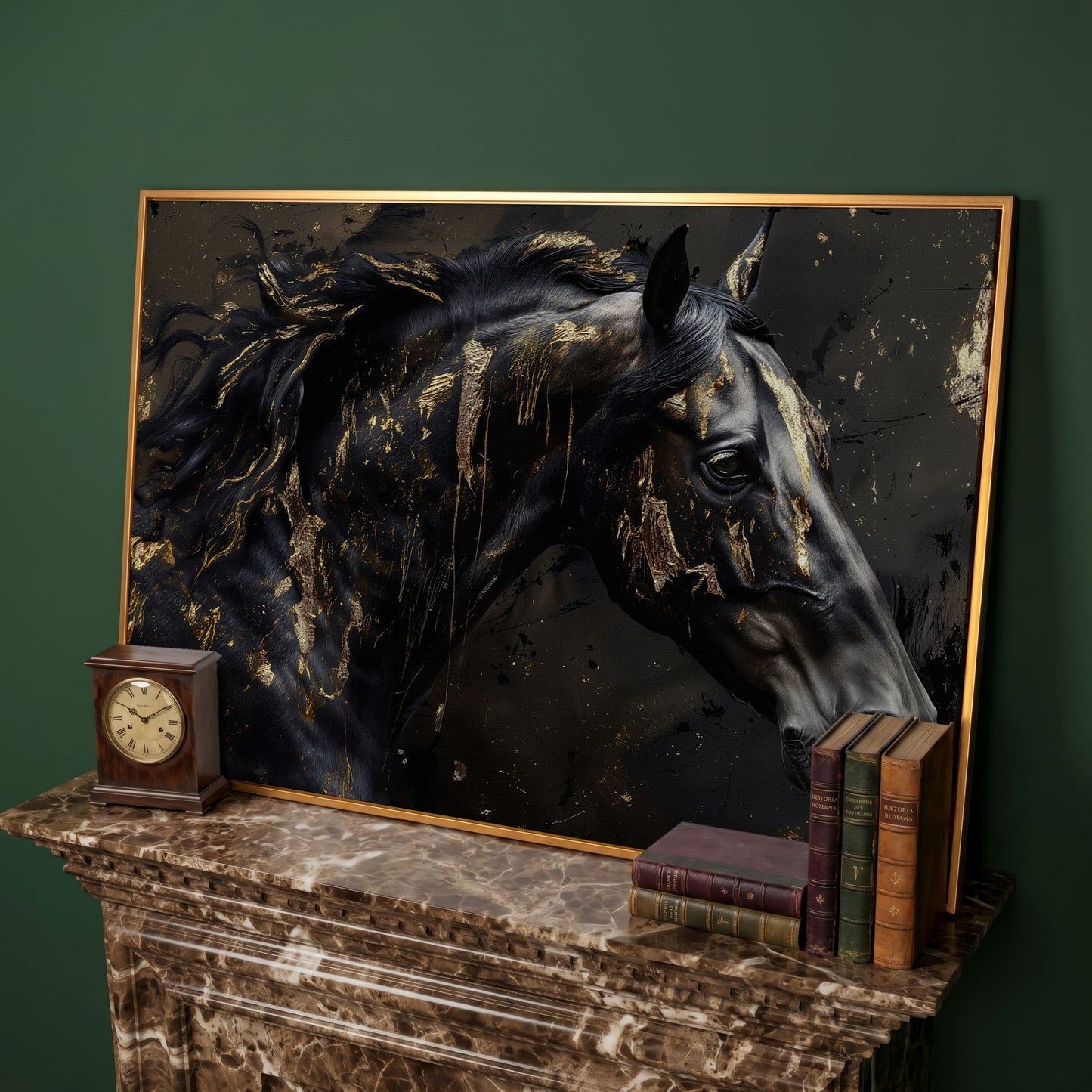 Black Horse Head Canvas with Gold Accents in antique gold floating frame