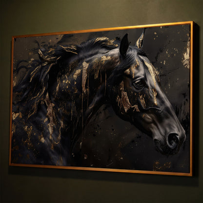 Black Horse Head Canvas with Gold Accents shown in antique gold floating frame
