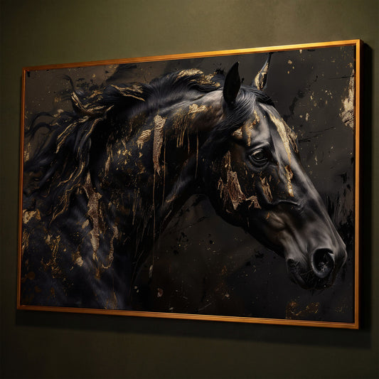 Black Horse Head Canvas with Gold Accents shown in antique gold floating frame