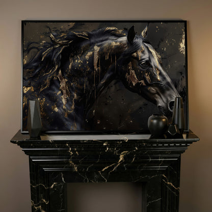 Black Horse Head Canvas with Gold Accents in black floating frame