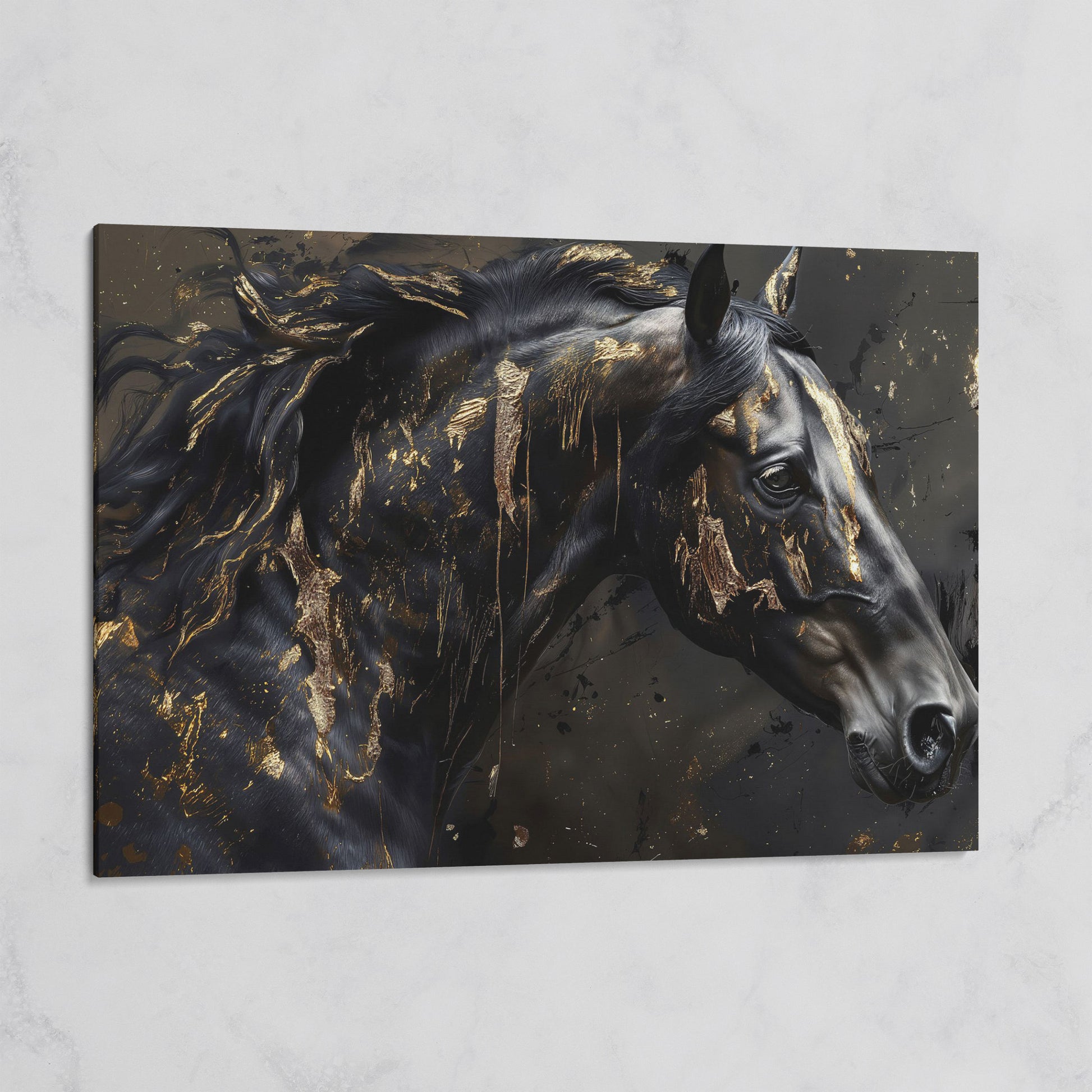 Black Horse Head Canvas with Gold Accents on gallery wrap