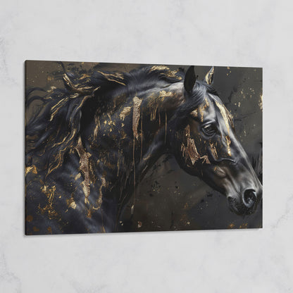 Black Horse Head Canvas with Gold Accents on gallery wrap