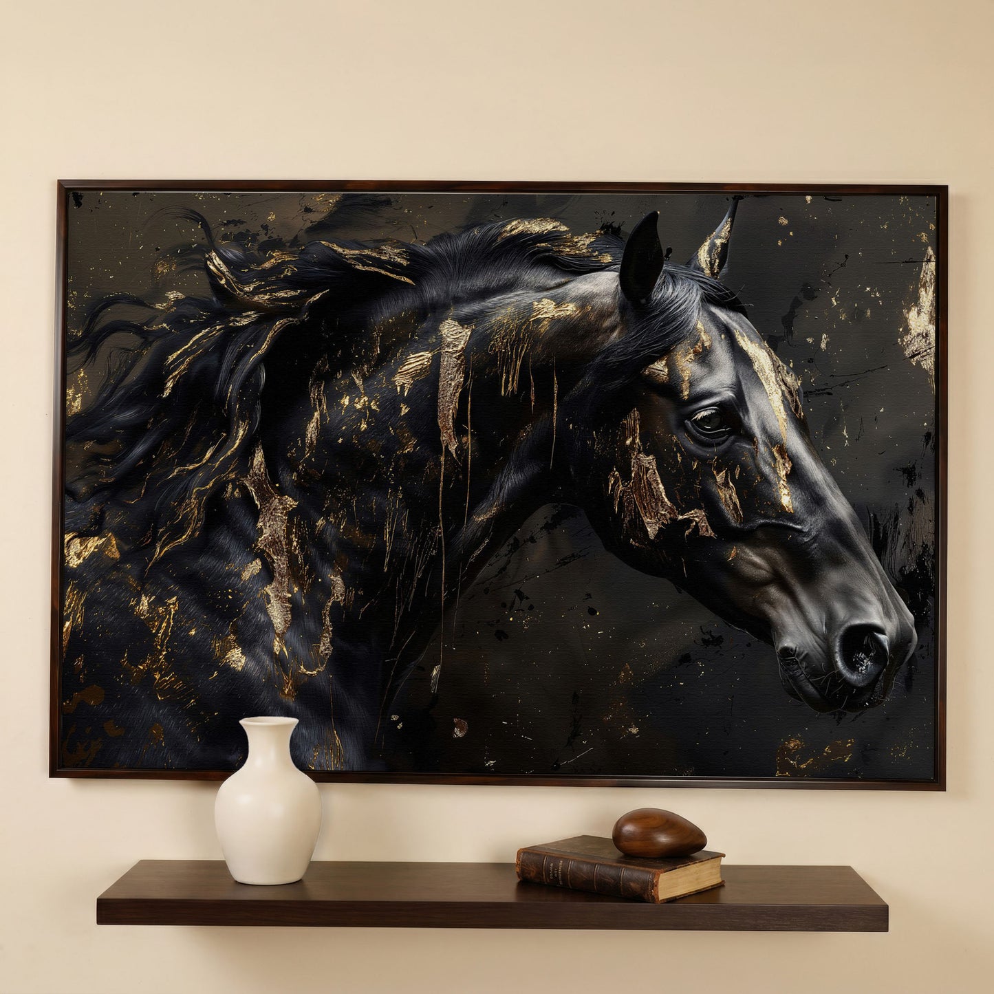 Black Horse Head Canvas with Gold Accents in dark walnut floating frame