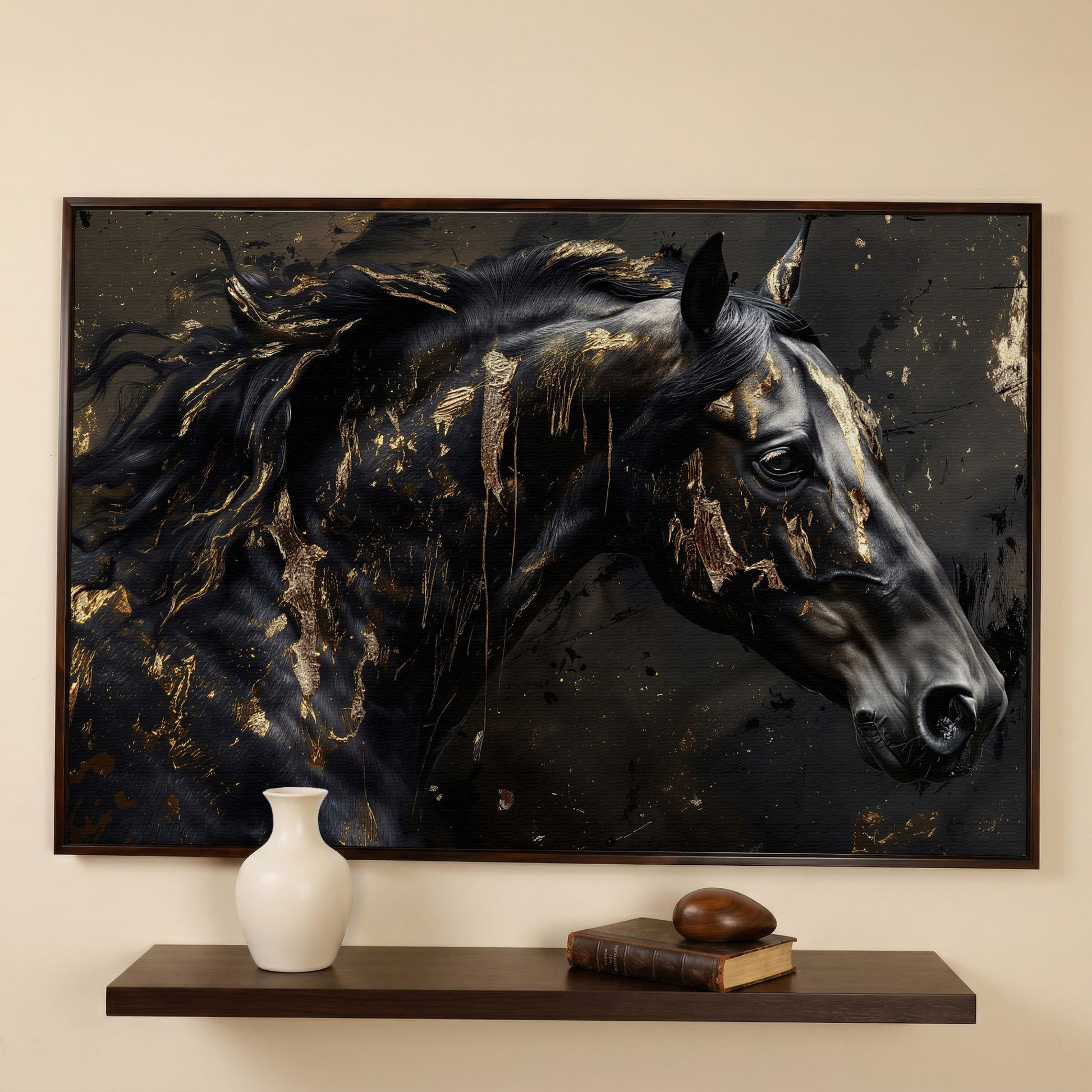 Black Horse Head Canvas with Gold Accents in dark walnut floating frame