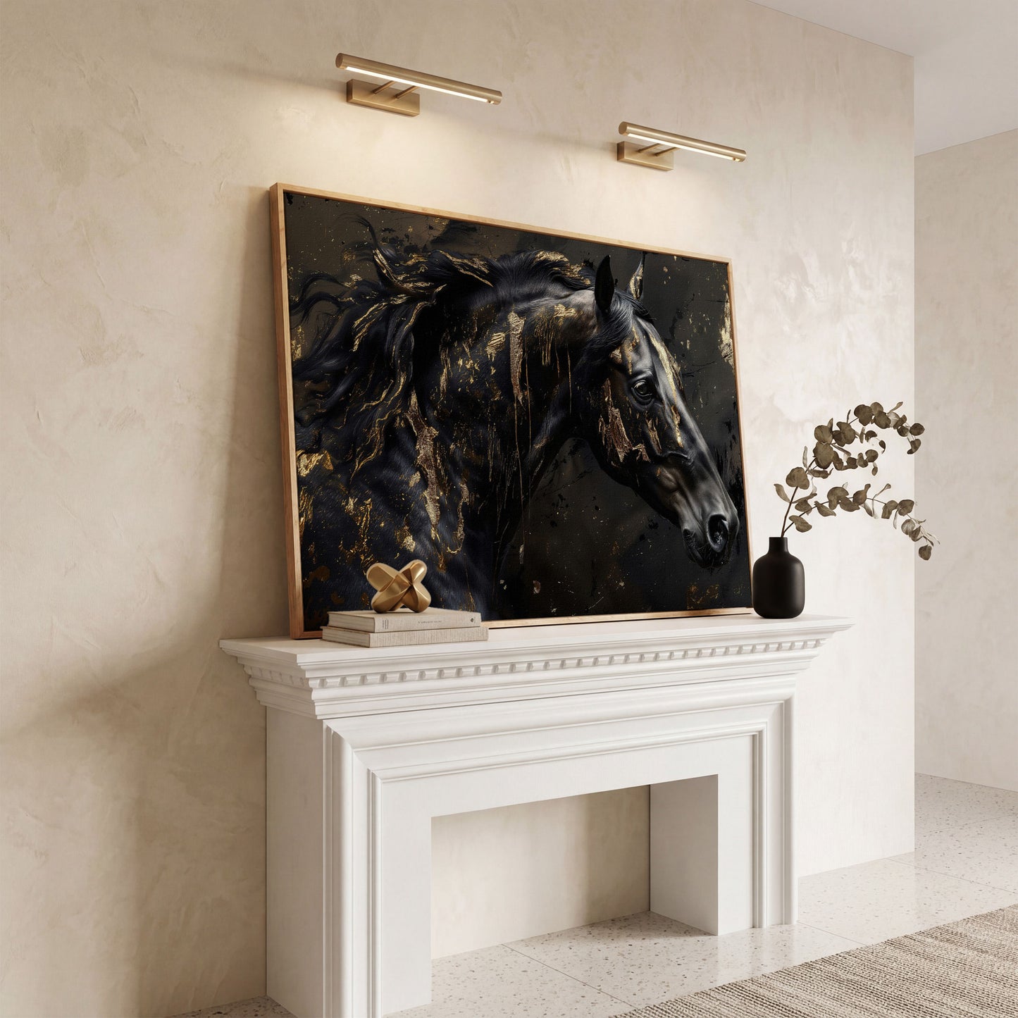 Black Horse Head Canvas with Gold Accents in white oak floating frame