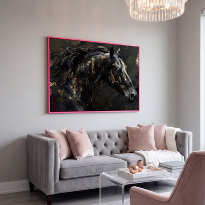 Black Horse Head Canvas with Gold Accents in pink floating frame