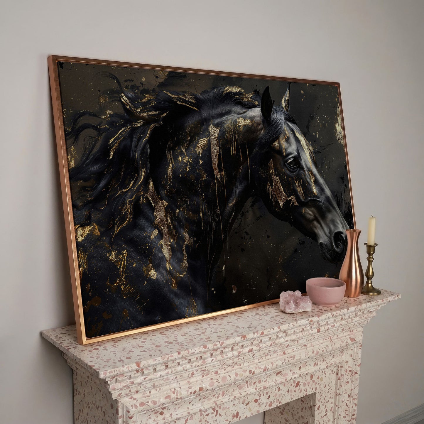 Black Horse Head Canvas with Gold Accents in rose gold floating frame