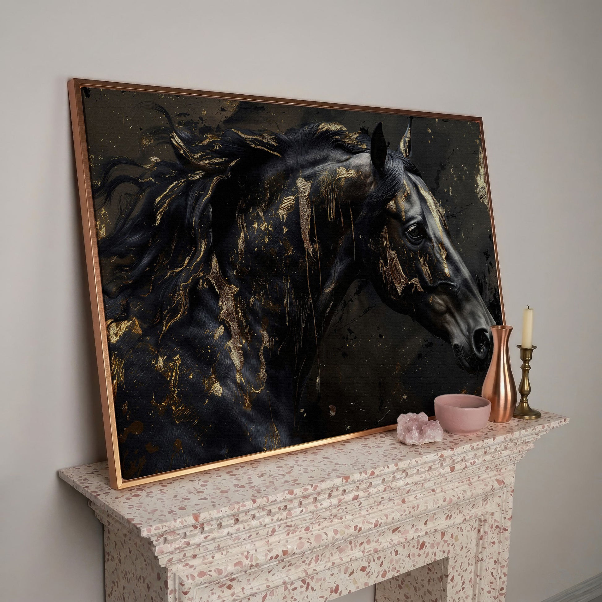 Black Horse Head Canvas with Gold Accents in rose gold floating frame