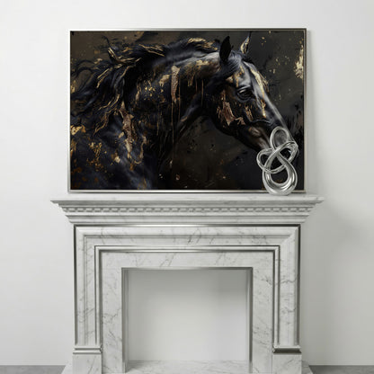 Black Horse Head Canvas with Gold Accents in silver floating frame