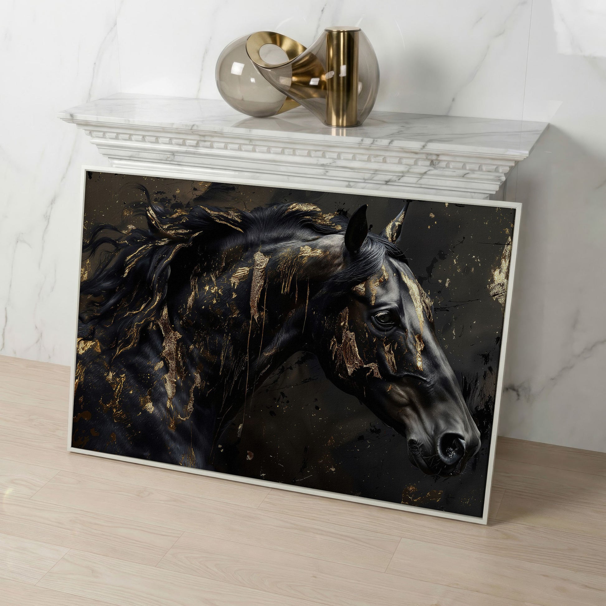 Black Horse Head Canvas with Gold Accents in white floating frame