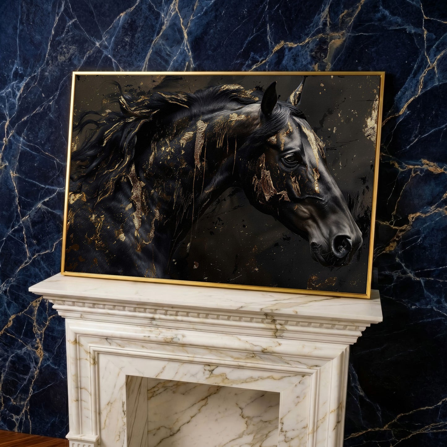 Black Horse Head Canvas with Gold Accents in yellow gold floating frame