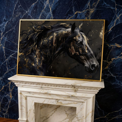 Black Horse Head Canvas with Gold Accents in yellow gold floating frame
