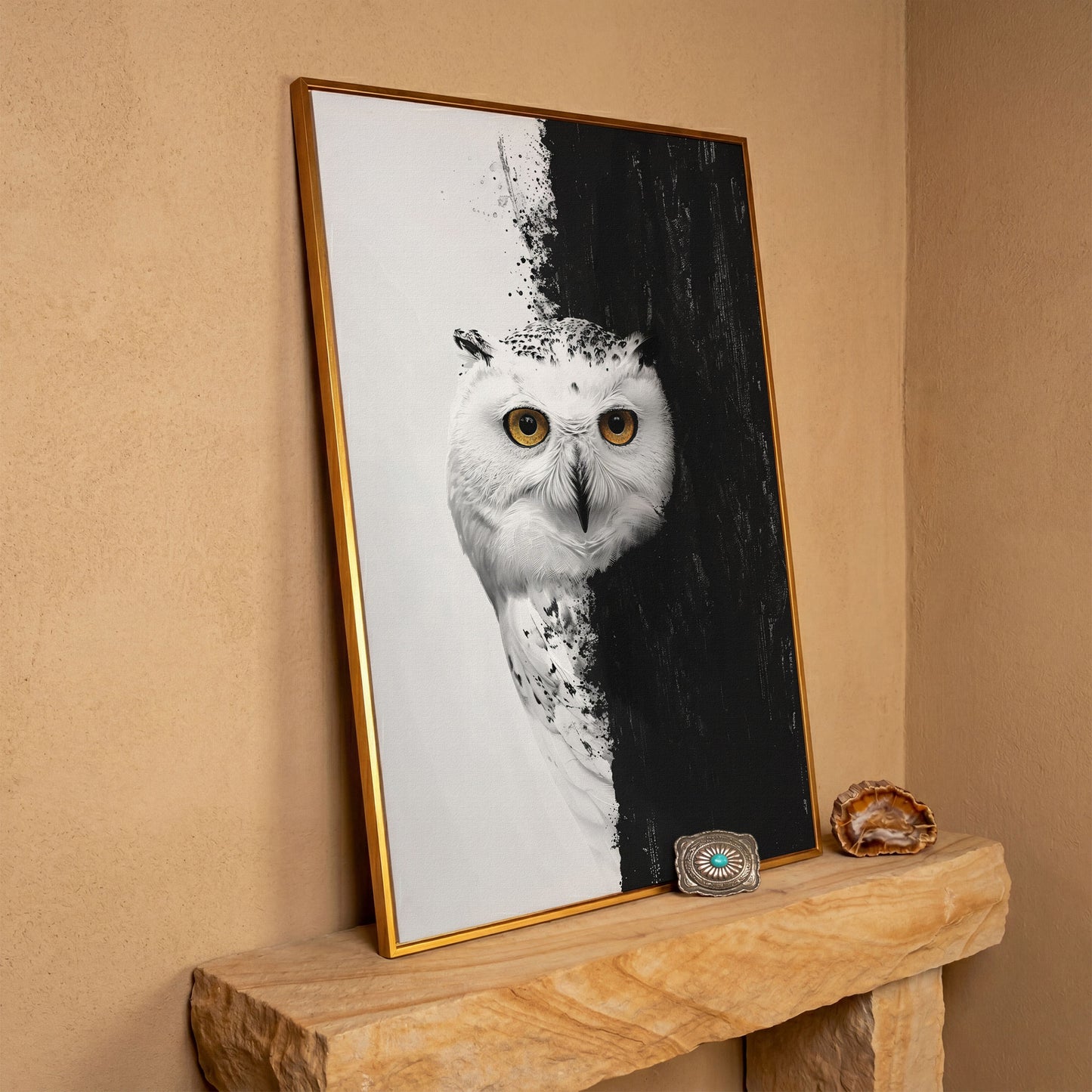 Snowy Owl Canvas with Amber Eyes in antique gold floating frame