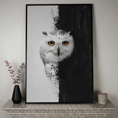 Snowy Owl Canvas with Amber Eyes in black floating frame