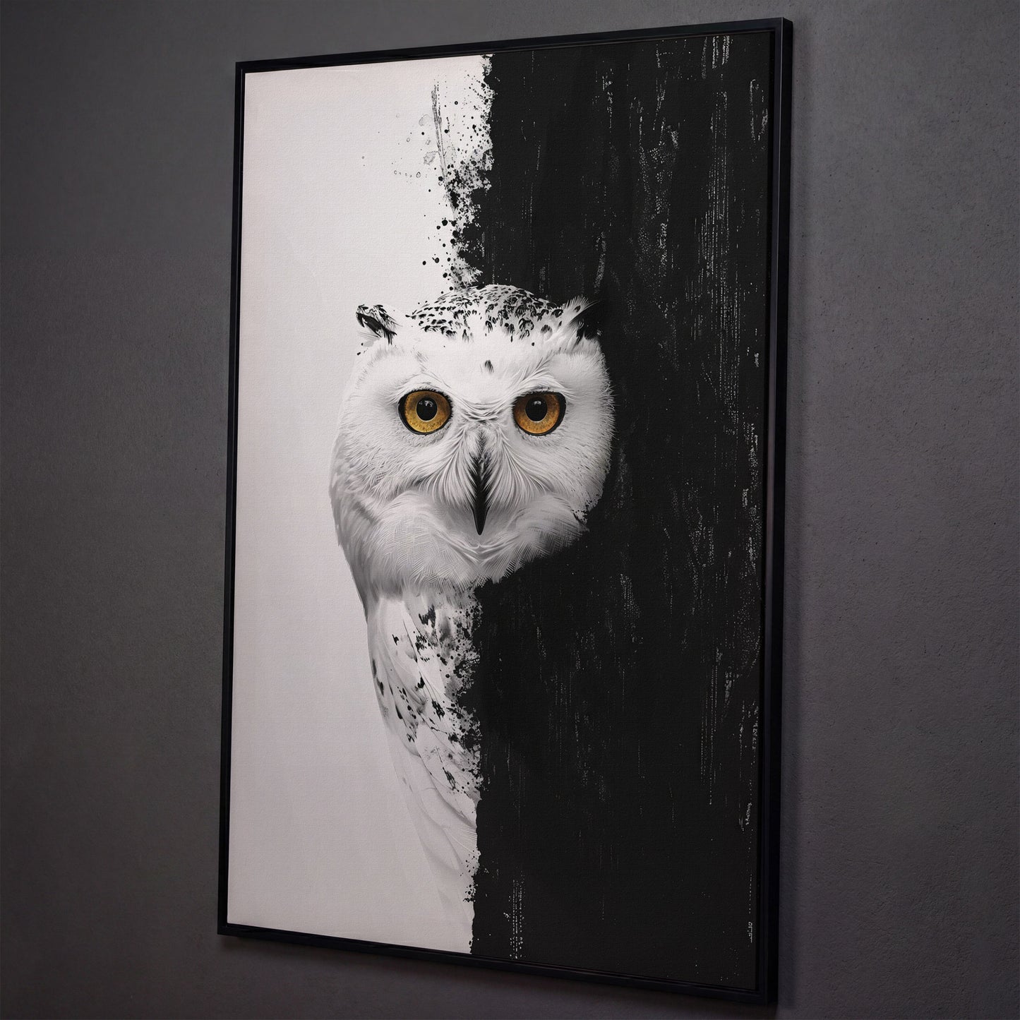 Snowy Owl Canvas with Amber Eyes shown in black floating frame