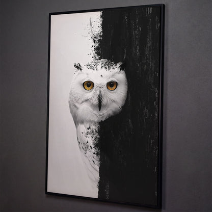 Snowy Owl Canvas with Amber Eyes shown in black floating frame