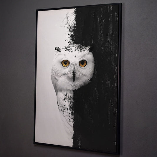 Snowy Owl Canvas with Amber Eyes shown in black floating frame