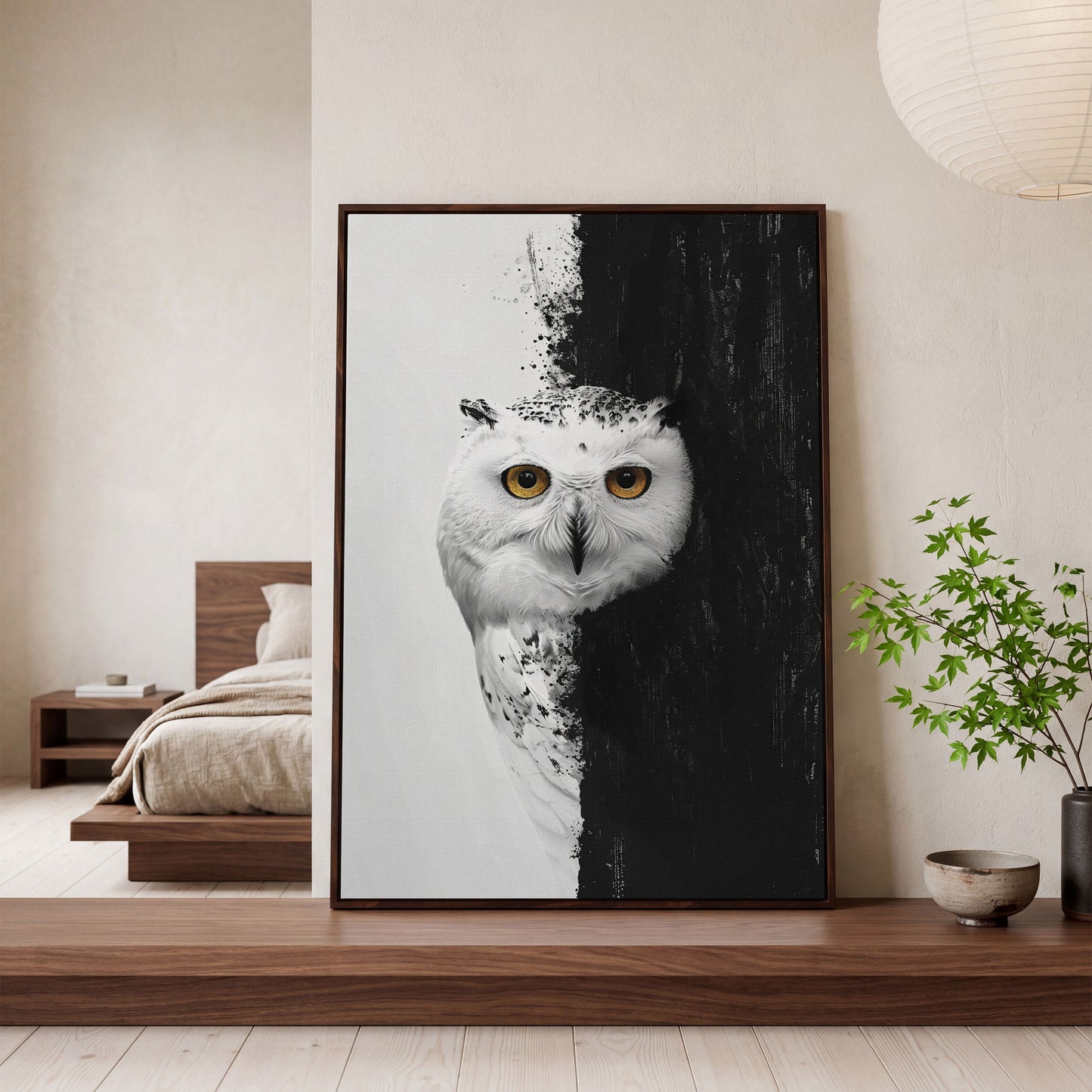 Snowy Owl Canvas with Amber Eyes in dark walnut floating frame